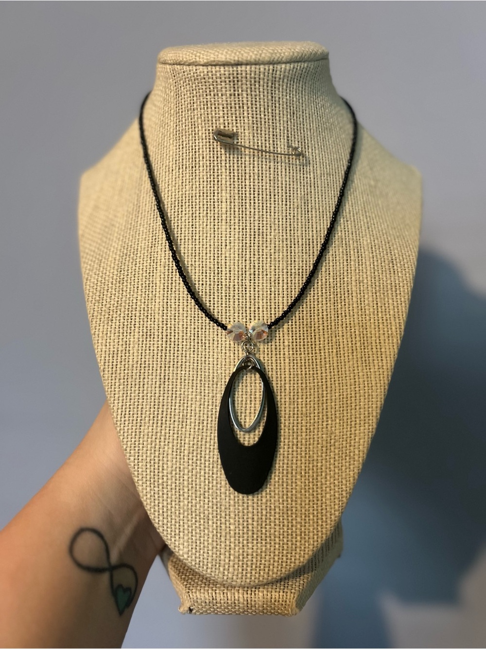 #107. Handmade Necklace Choker Style with Boho Pendant Black & Silver